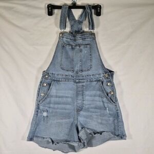 No Boundaries Denim Short Overalls Womens L 11/13 Distressed Light Wash Y2K...